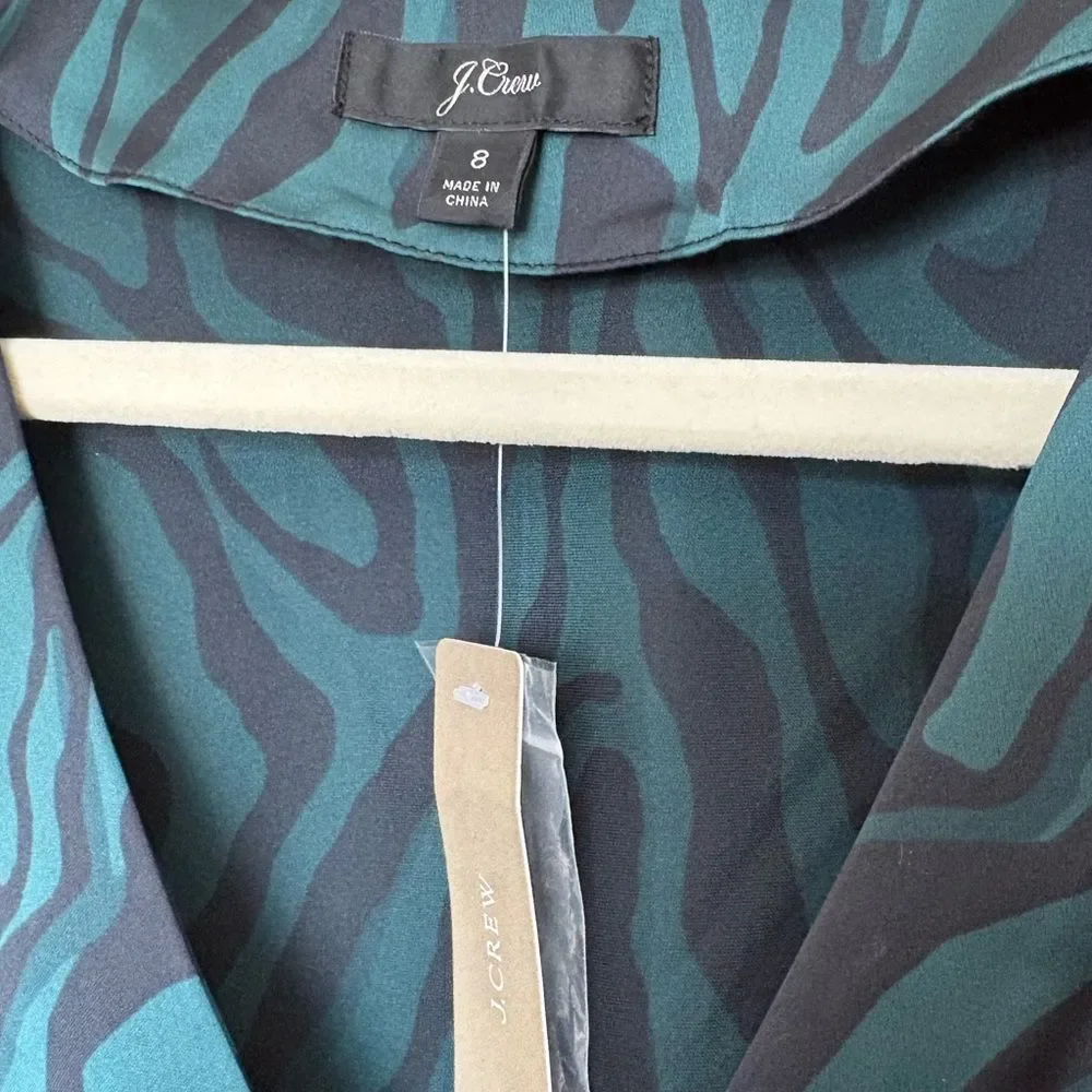 NWT J. Crew Green Black Zebra Print Satin V-Neck Button Front Blouse Size 8